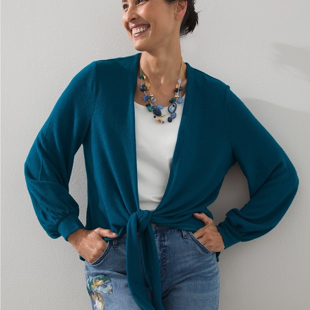 Chicos Cozy Tie Front Wrap Cardigan (Navy)